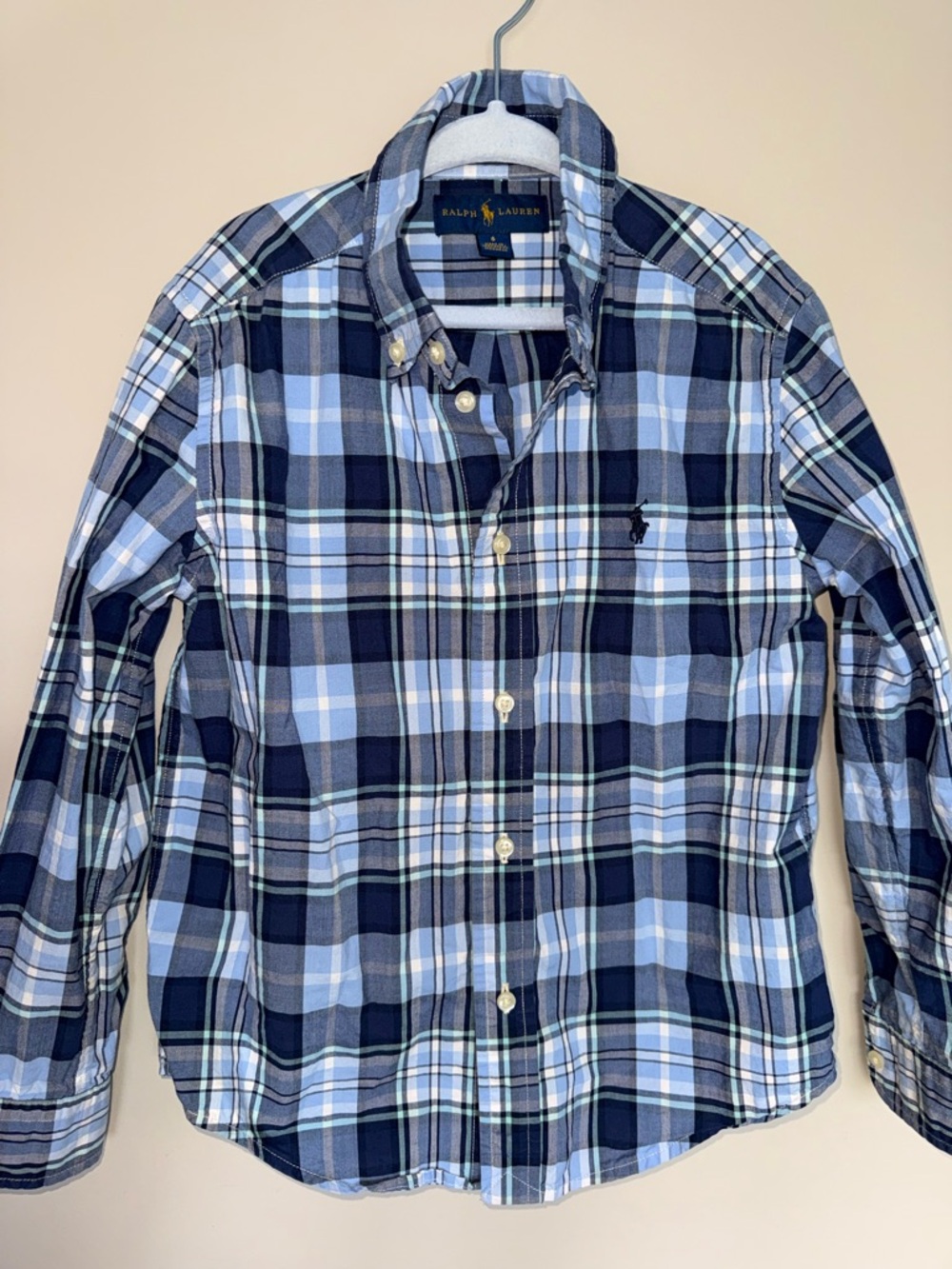 Ralph Lauren Boys size 6 Navy and Light Blue Plaid Button-Down Shirt